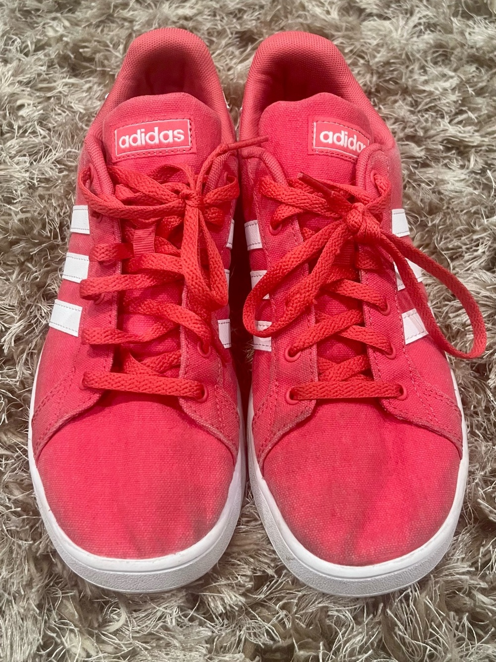 adidas Women's Red denim/canvas Sneakers with White Stripes
